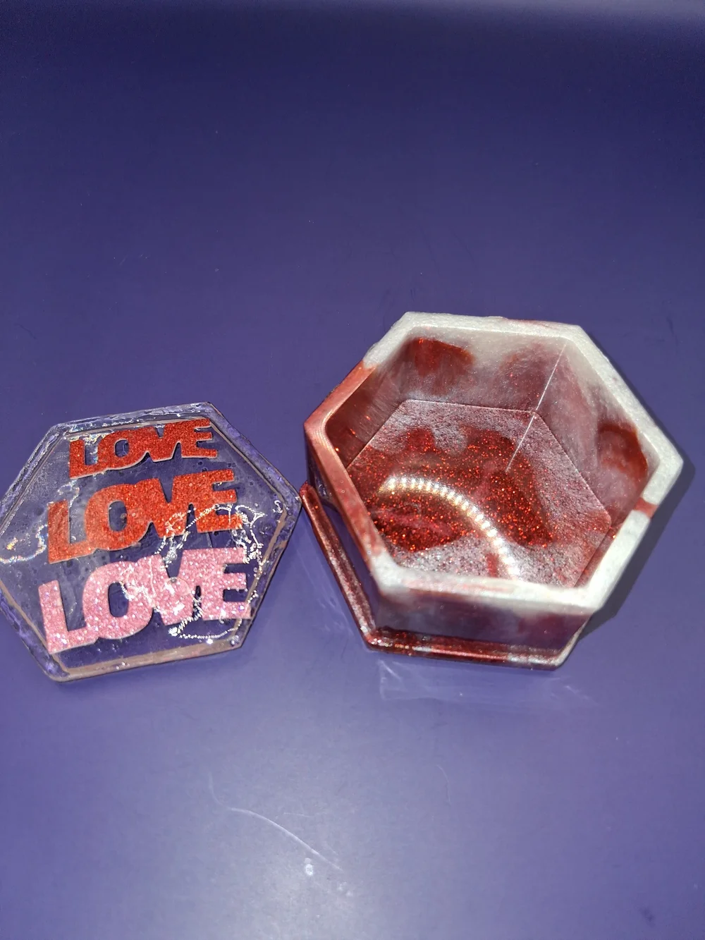 Hexagonal Trinket Box with Red 'LOVE' Design
